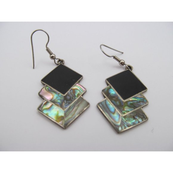 Alpaca Mexico Abalone Black Enamel Pierced Earrings - Picture 10 of 12